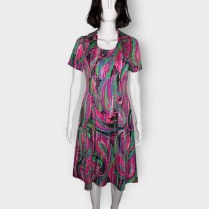 Vintage 1970s Home Sewn Vibrant Multicolor Polka Dot Midi Day Dress